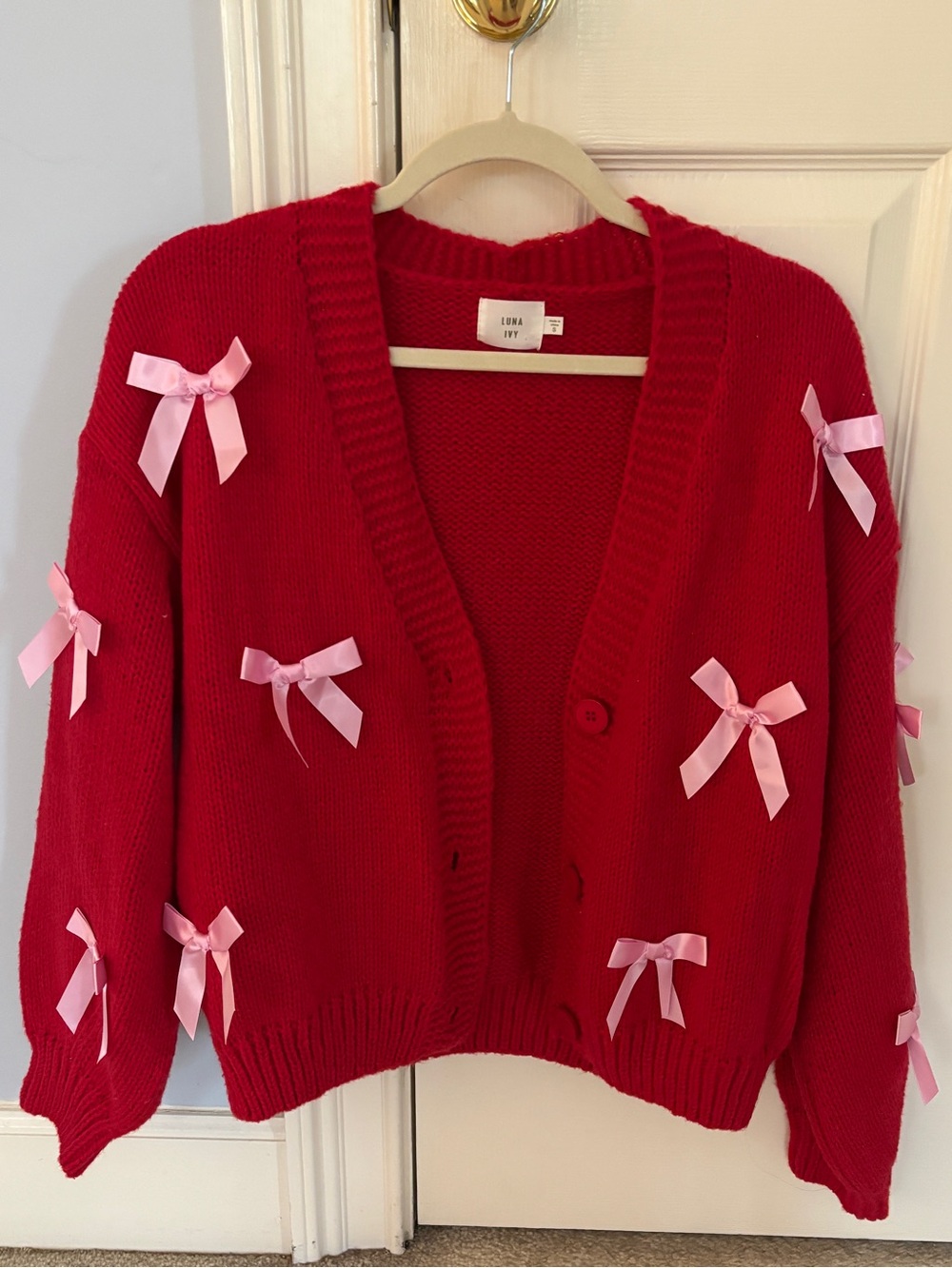 Red Bow-Appliqué V-Neck Cardigan Sweater